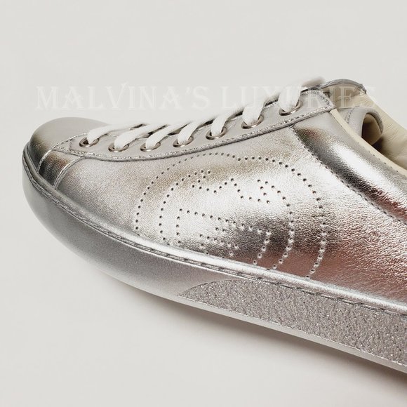 GUCCI SNEAKERS NEW ACE SILVER LEATHER INTERLOCKING G LOGO SHOES 7.5G 8 US - Picture 9 of 14